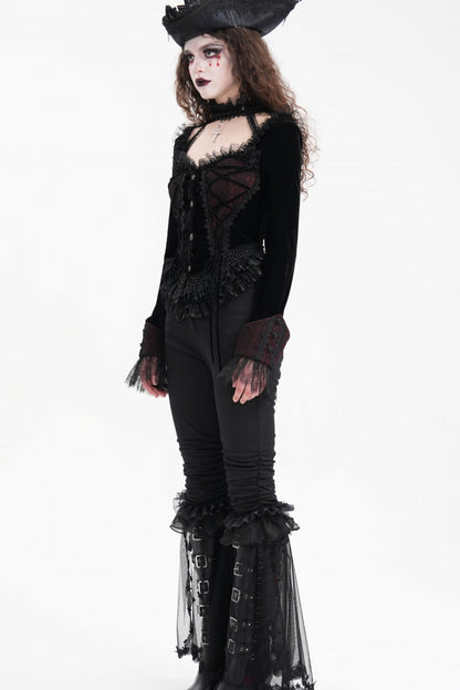 Mesh Gothic Blouse with Lace-Up Ruffles for Women