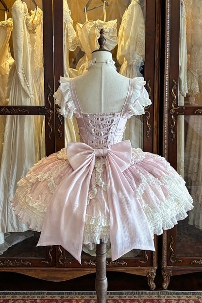 Blush Layered Ruffled Bow Lace-Up JSK with Embroidery