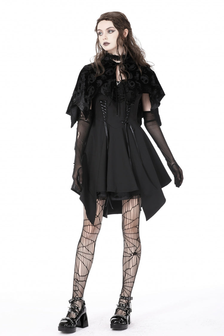 Velvet Hooded Cape with Skull Lace-Up Front