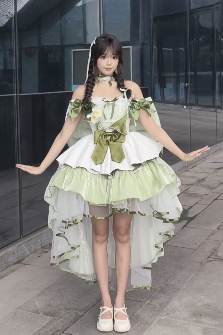 Emerald Off-Shoulder Ruffled Bow Patchwork Sweet Lolita Gown