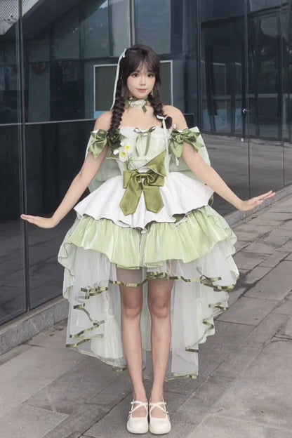 Emerald Off-Shoulder Ruffled Bow Patchwork Sweet Lolita Gown