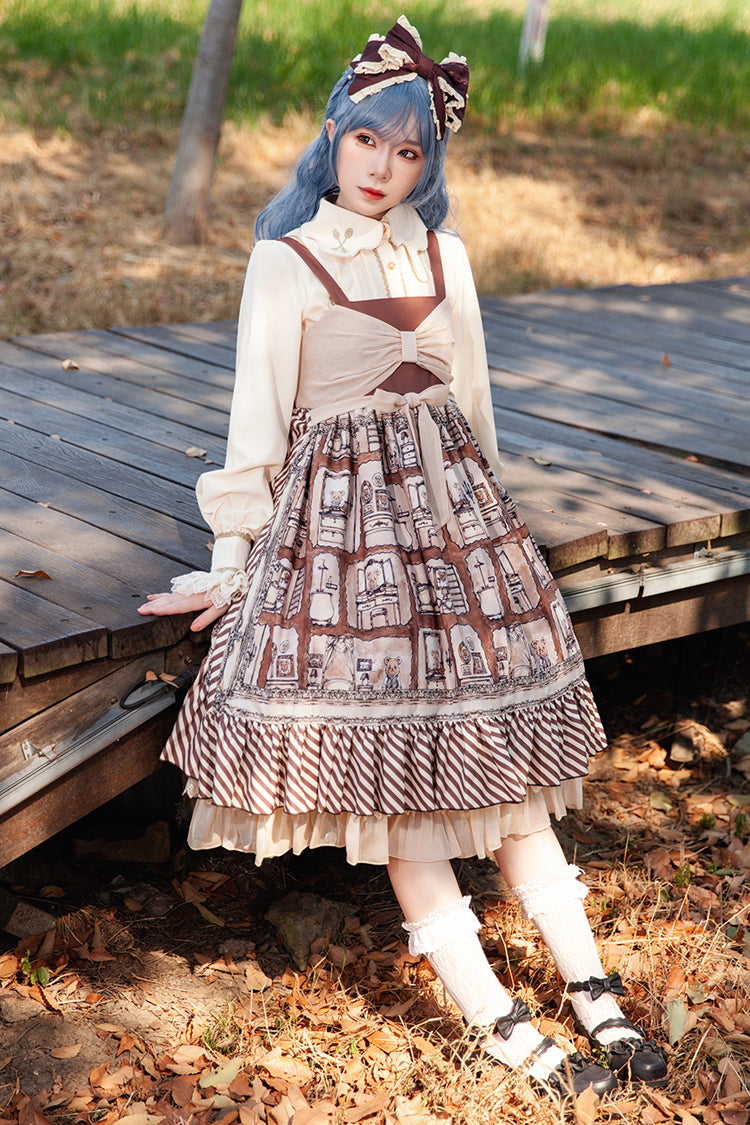 Underground Bear Print Ruffle Bow Sweet Lolita Dress - Brown