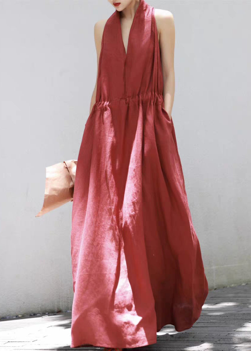 Neck Dress Solid Cotton Long Red Up Summer Lace V