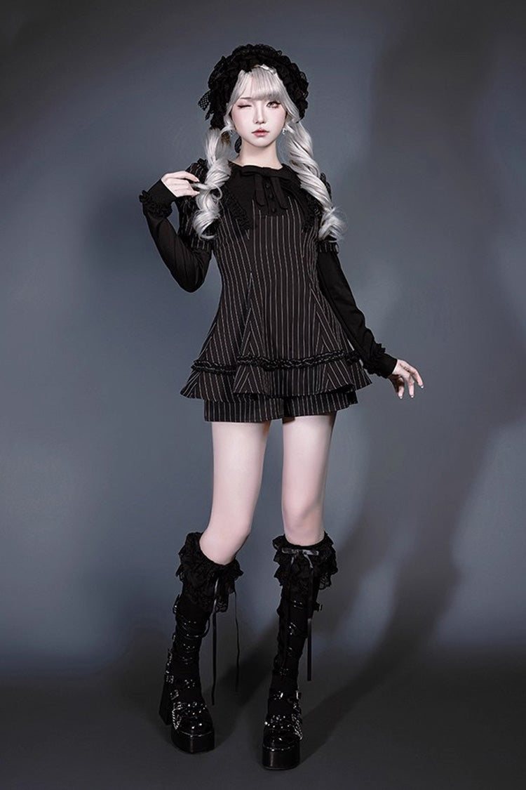 Ebony Long-Sleeve Striped Ruffle Bow Jirai Kei Witch Set