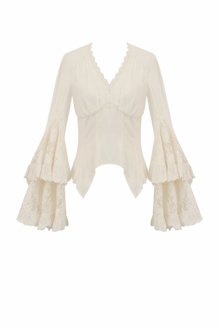 Steampunk Women's Blouse with Trumpet Sleeves & Layered Lace-Up in Cream