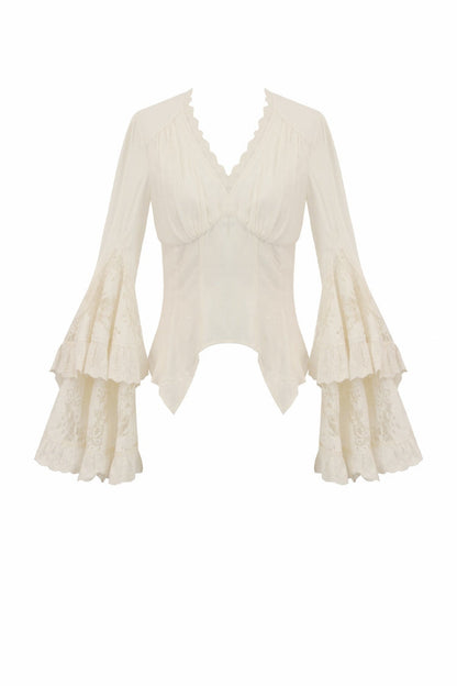 Steampunk Women's Blouse with Trumpet Sleeves & Layered Lace-Up in Cream