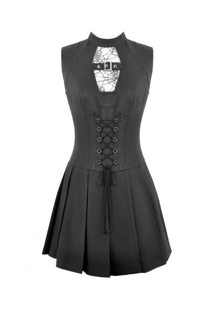 No-Sleeve Cobweb Sheer Mesh Lace-Up Punk Mini Dress