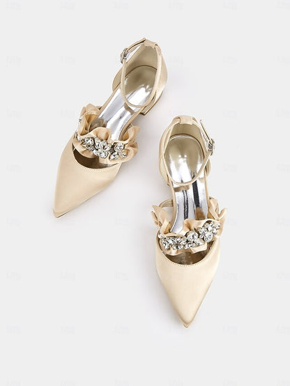 Satin Pointed-Toe with Women's Black Rhinestone Flats