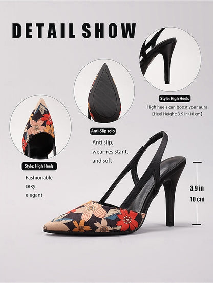 Slingback Elegant Pointed Heels Toe High Women's – Floral