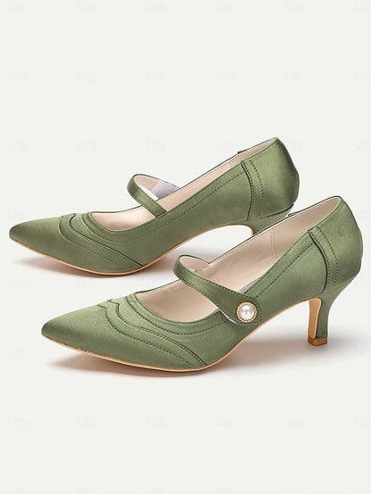 Pearl Button Mary Heels Green - Jane Elegant with Satin