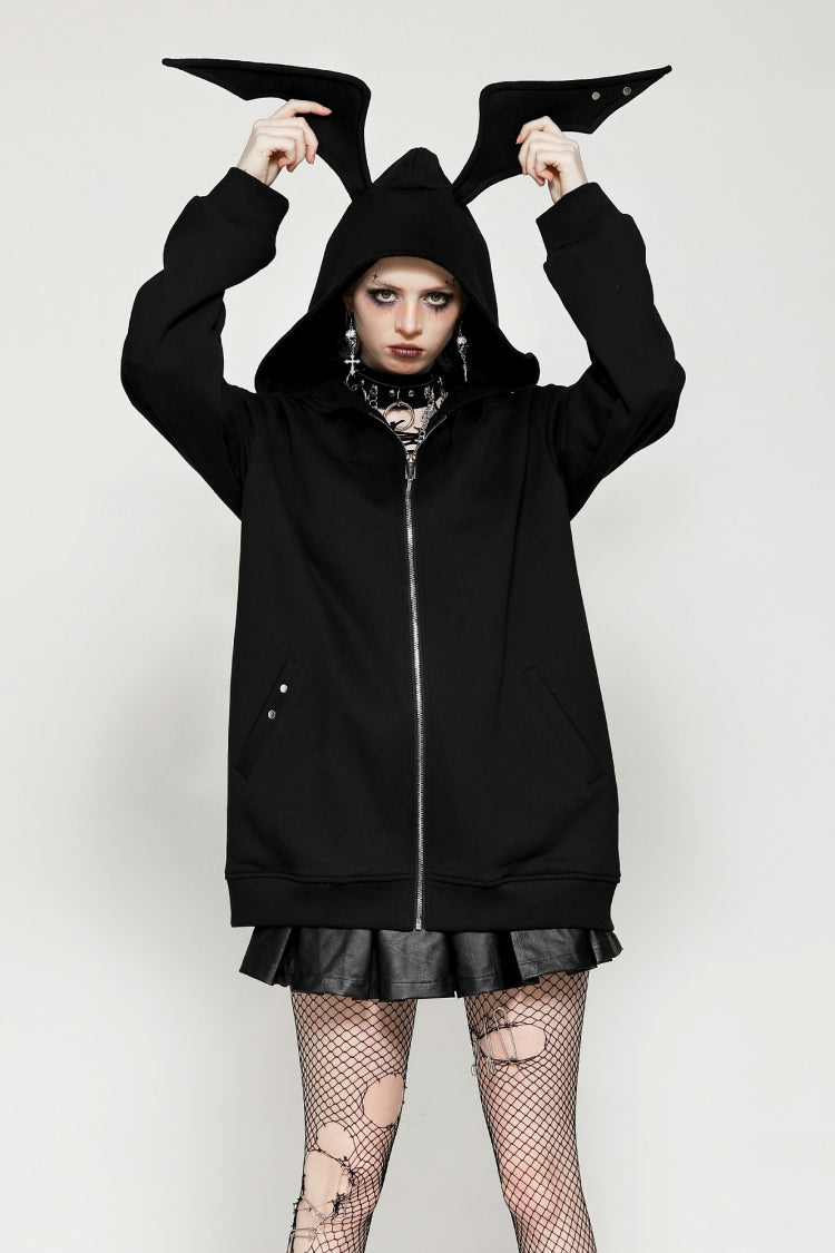 Ebony Long-Sleeve Zip-Up Gothic Batwing Hoodie
