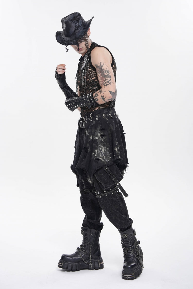Punk Skirt for Men with Black Irregular Ripped Buckled Pleated Chain Design