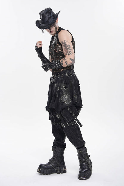 Punk Skirt for Men with Black Irregular Ripped Buckled Pleated Chain Design