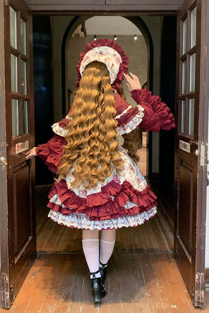 Off Shoulder Ruffled Bow Lace Gothic Lolita JSK Dress with Rose Print