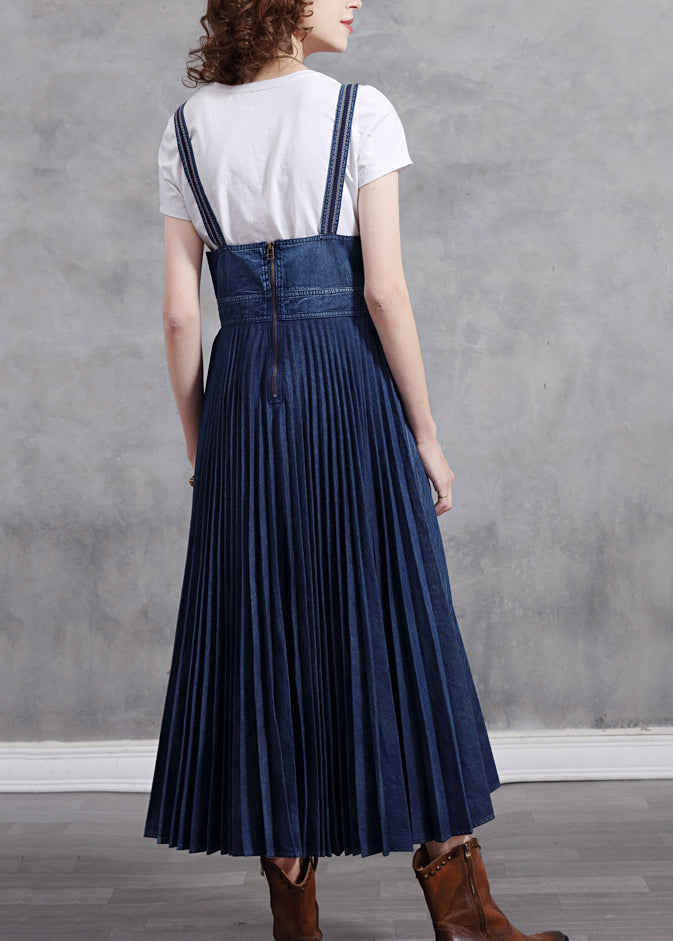 Stylish Blue Patchwork Spaghetti Strap Pleated Denim Dress Summer NN014