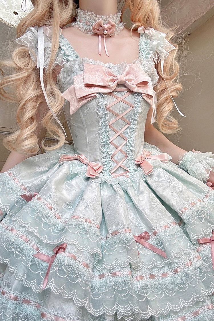 Emerald Sleeveless Ruffle Bow Lace Lace-Up Sweet Elegant Lolita Jumper Dress