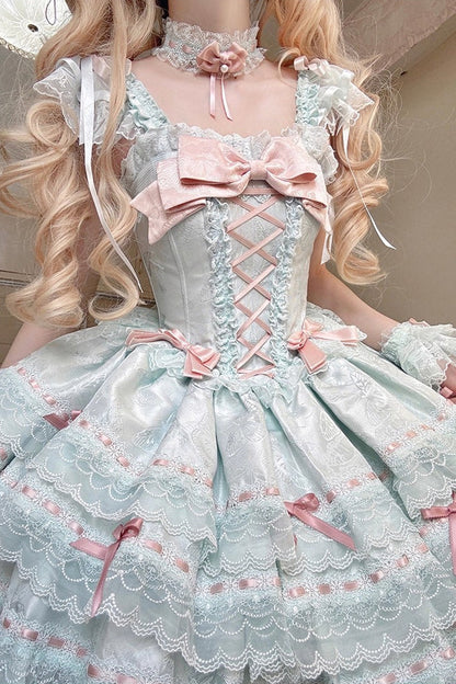 Emerald Sleeveless Ruffle Bow Lace Lace-Up Sweet Elegant Lolita Jumper Dress