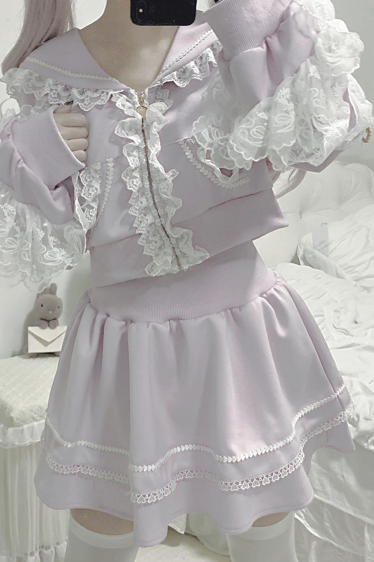 Blush Long-Sleeve Ruffle Lace Hooded Jirai Kei Skirt Set - Heartbeat Rhythm