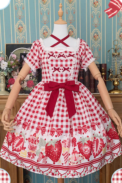Crimson Sweet Plus Size Lolita Dress with Strawberry Plaid and Bow