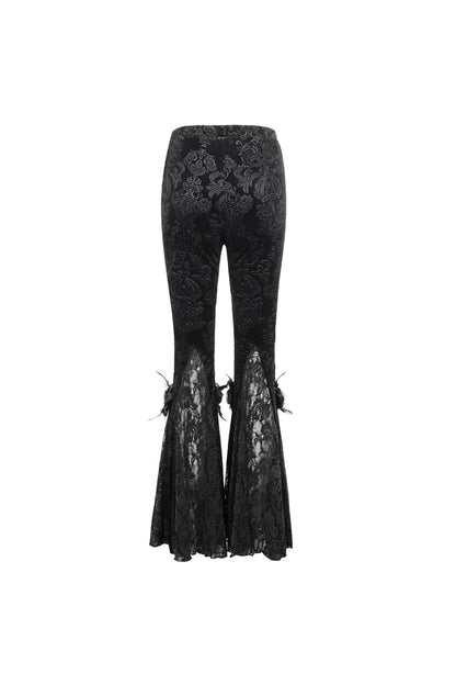 Dark Floral Lace Trimmed Flared Trousers for Women - Gothic