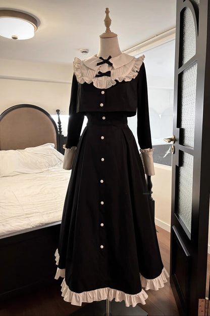 Vintage Elegant Lolita Two-Piece - Bowknot Ruffled Dress