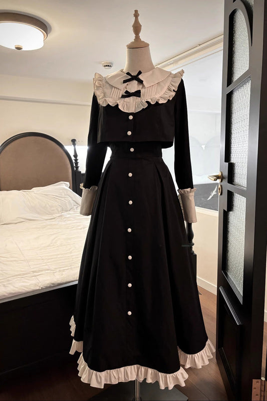 Vintage Elegant Lolita Two-Piece - Bowknot Ruffled Dress