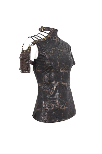 Graphic Spaghetti-Strap Punk Top with Buckle Accents