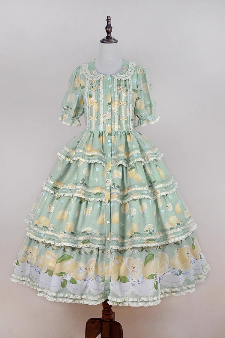 Emerald Lemon Chicken Triple-Layer Ruffle Bow Lace Gorgeous Dress