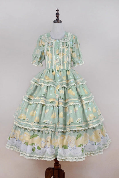 Emerald Lemon Chicken Triple-Layer Ruffle Bow Lace Gorgeous Dress
