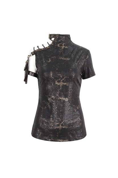 Graphic Spaghetti-Strap Punk Top with Buckle Accents