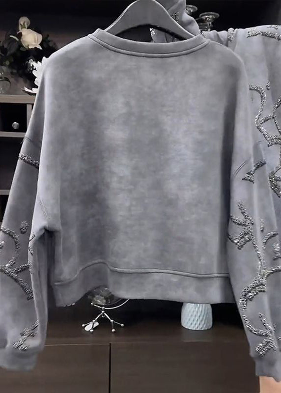 Sweat-shirt à paillettes gris à col rond tendance pour l'automne WD035