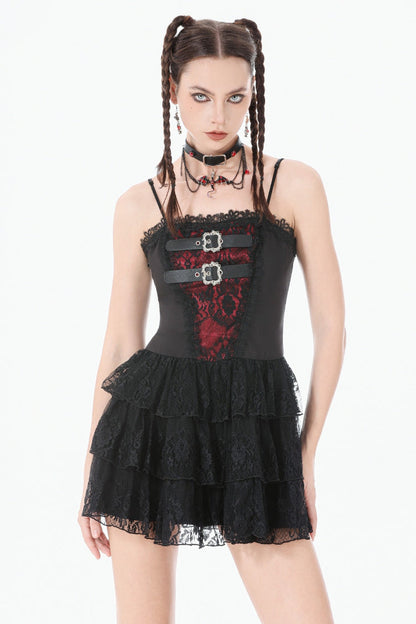 Crimson & Obsidian Sleeveless Multi-Layered Lace Lace-Up Grunge Cake Slip Dress