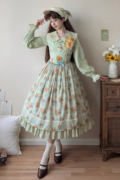 Emerald Gardening Sunflower Sleeveless Ruffle Bow Uplift Elegant JSK