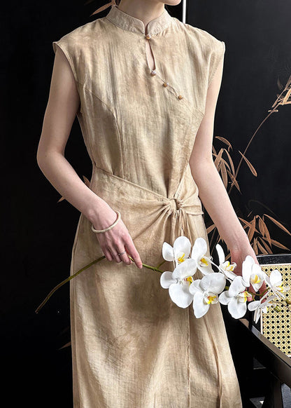 Khaki Drawstring Silk Cotton Long Dresses Stand Collar Sleeveless AF1031