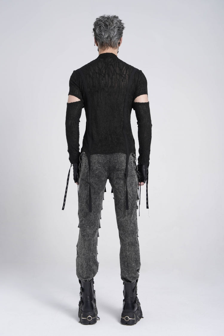 Ebony Long-Sleeve Strap Lace-Up Irregular Sheer Men's Punk Tee