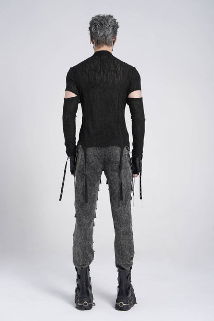 Ebony Long-Sleeve Strap Lace-Up Irregular Sheer Men's Punk Tee