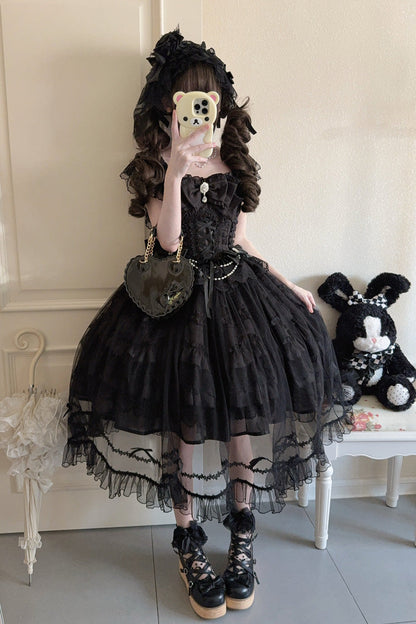 Gothic Lolita JSK Dress with Hanayome Ruffles and Lace-Up Back in Black