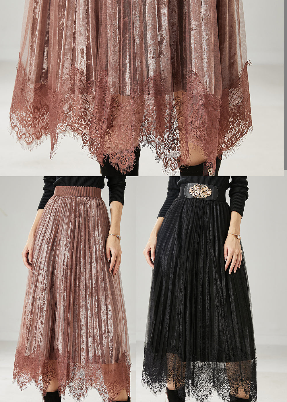 Modern Brown Patchwork Lace Silk Velvet Pleated Skirts Spring AZ1039