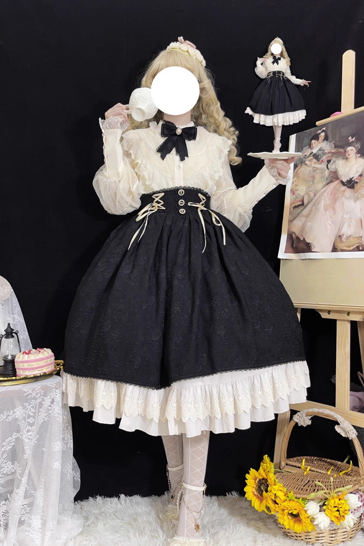 Ebony High-Waist Embroidered Ruffle Lace-Up Palace Skirt - Heart of Rose
