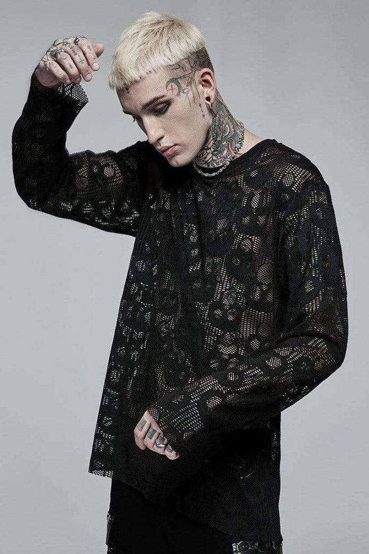 Nocturnal Skull-Print Sheer Mesh Tee for Men with Extended Sleeves