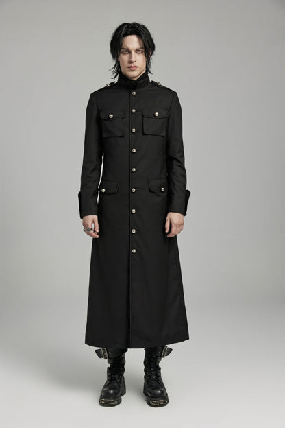Black Gothic Overcoat for Men, Slim with Big Pockets and Mandarin Collar