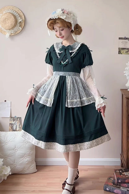 Emerald Misty Path Bow-Embroidered Long-Sleeve Lolita Gown