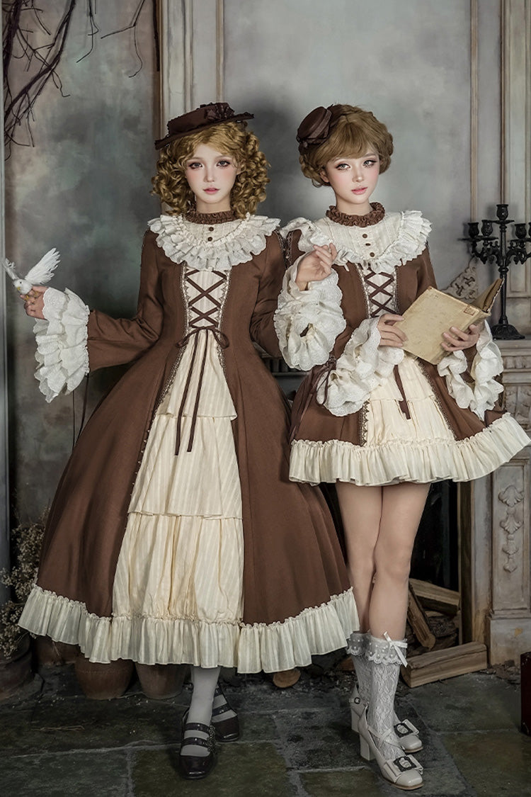 Nutcracker Stand Collar Trumpet Sleeve Lolita Dress Set with Bow - Lace-Up