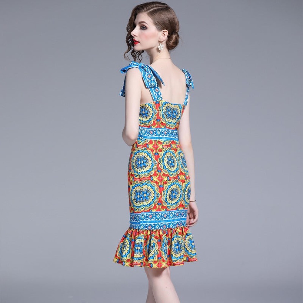 Retro Blue Square Neck Contrast Color Print Bow Decor Strap Ruffled Hem Dress AR1024