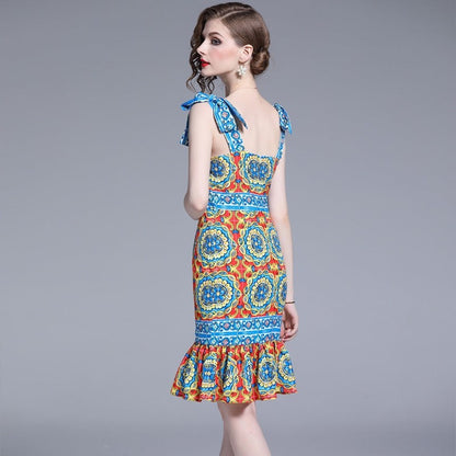 Retro Blue Square Neck Contrast Color Print Bow Decor Strap Ruffled Hem Dress AR1024