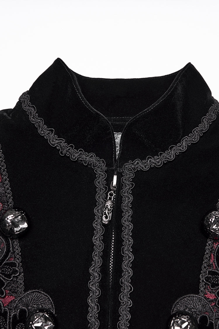 Crimson & Obsidian Stand Collar Long Sleeves Floral Jacquard Double-Breasted Zipper Gothic Coat