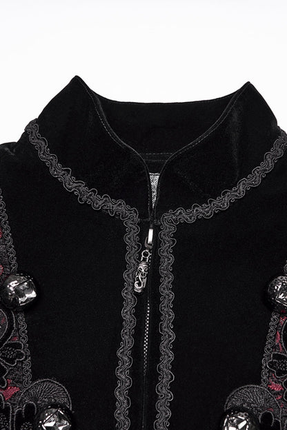 Crimson & Obsidian Stand Collar Long Sleeves Floral Jacquard Double-Breasted Zipper Gothic Coat