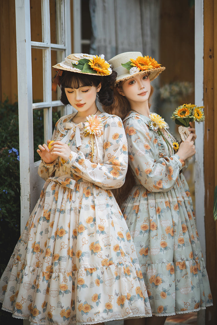 Emerald Long Sleeve Sunflower Ruffle Bow Sweet Lolita Gown