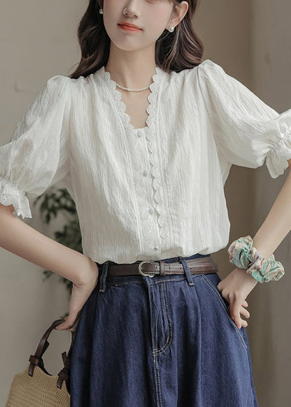 Summer Neck V Lace Casual Top Patchwork White