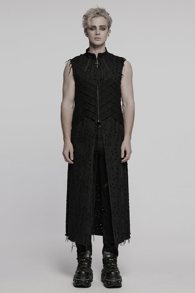 Distressed Cross Embroidery Gothic Long Vest for Men